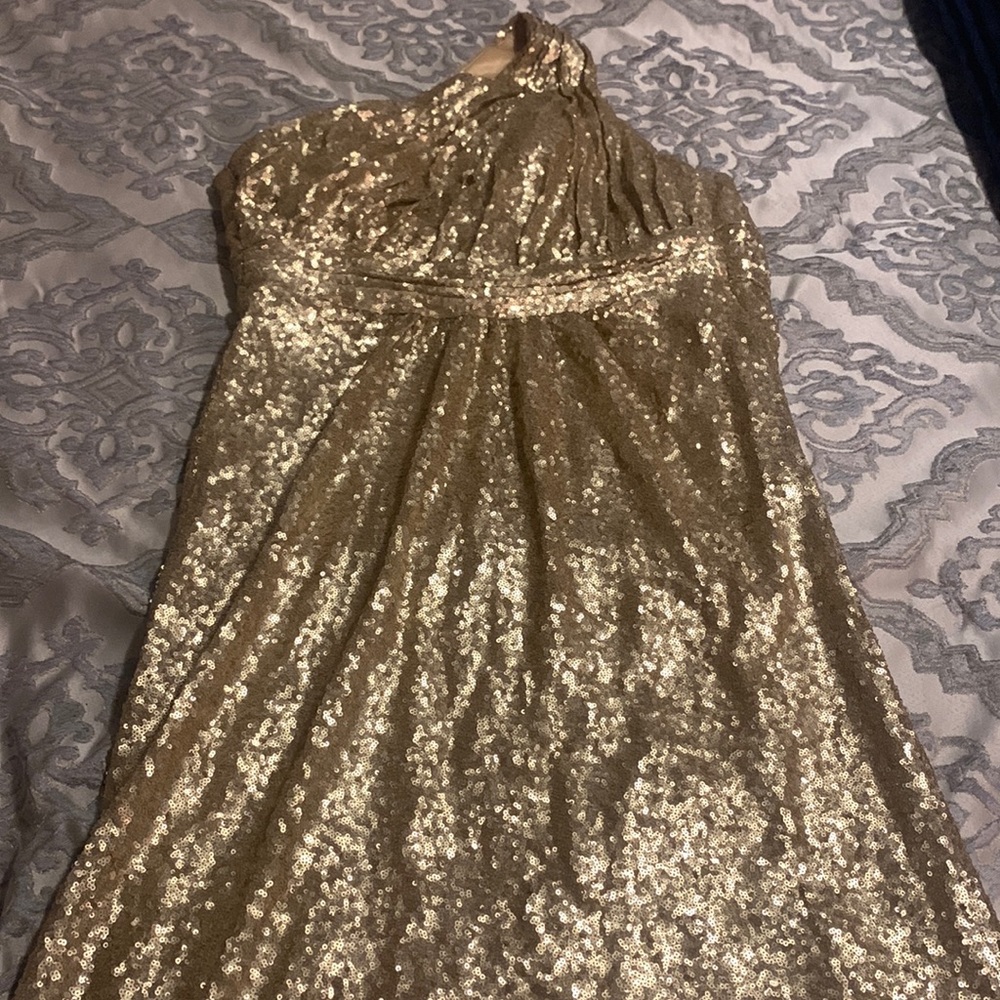 Bridesmaid champagne gold dress by revelry
